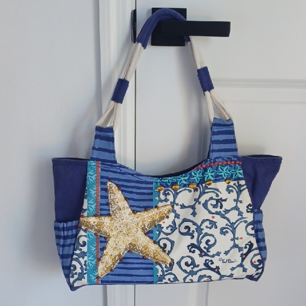 Paul Brent Canvas Beach Tote Bag / Purse With Beaded Starfish